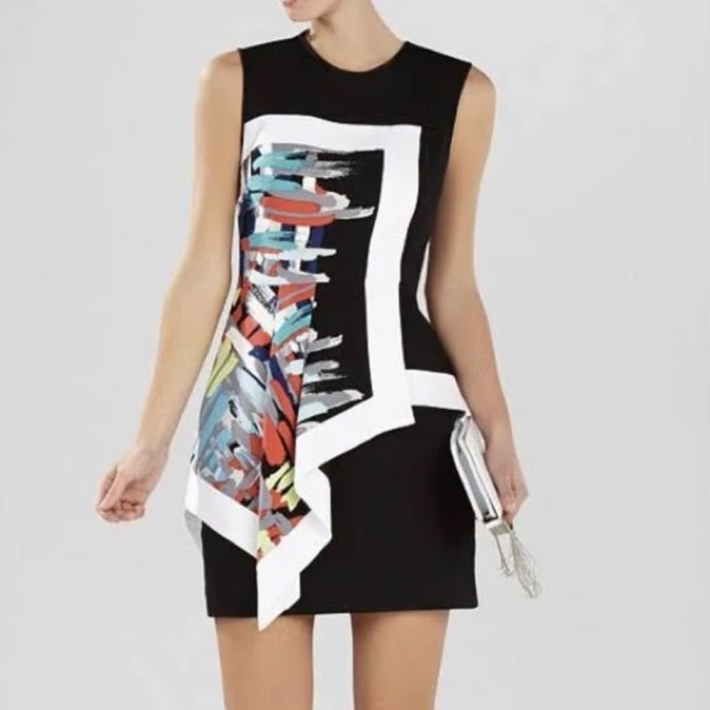 BCBG Maxazria Alessandra assymetrical color block peplum Abstract Print Dress